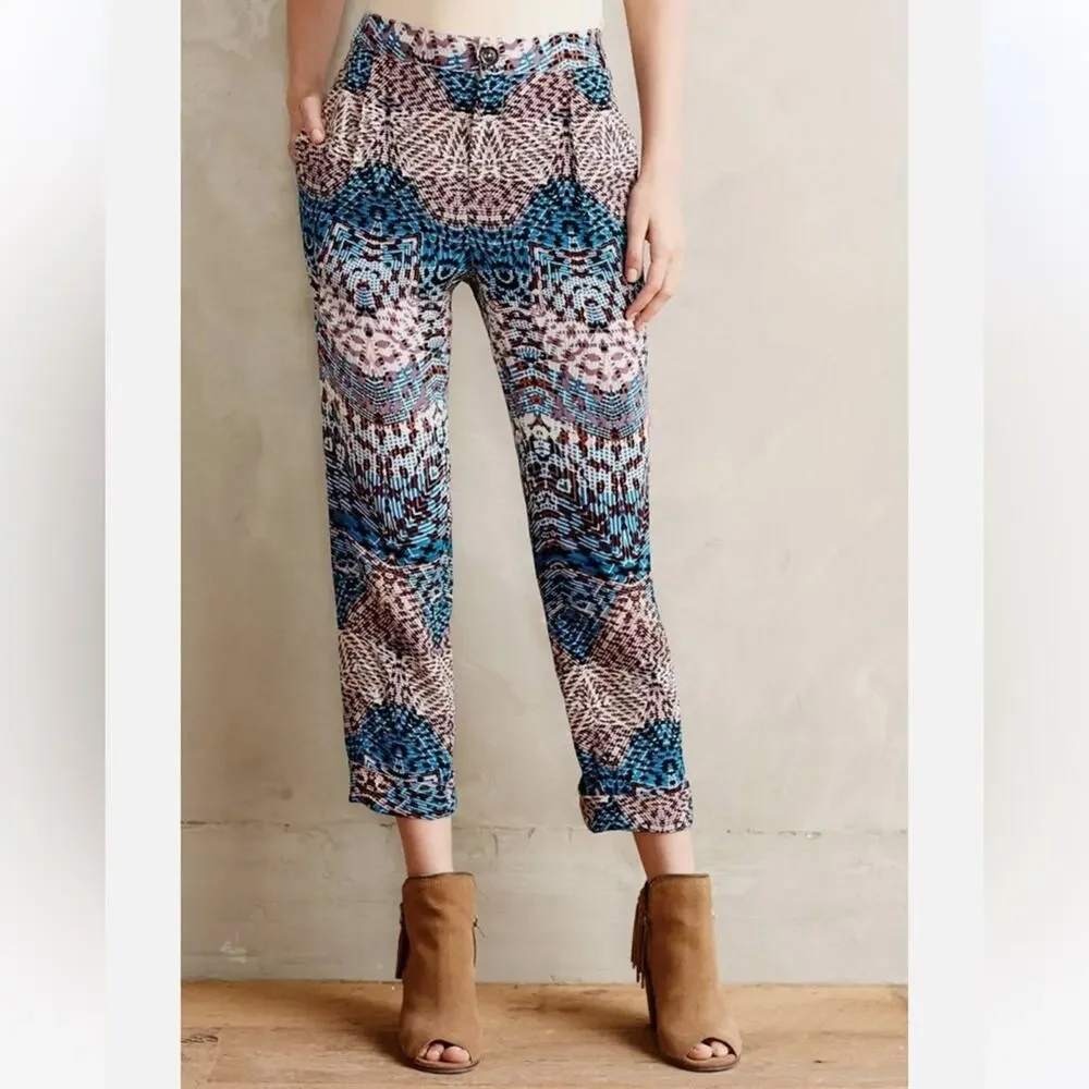 Anthropologie Elevenses Pants Lanikai Tailored Size 6 Cropped Leg Boho Print